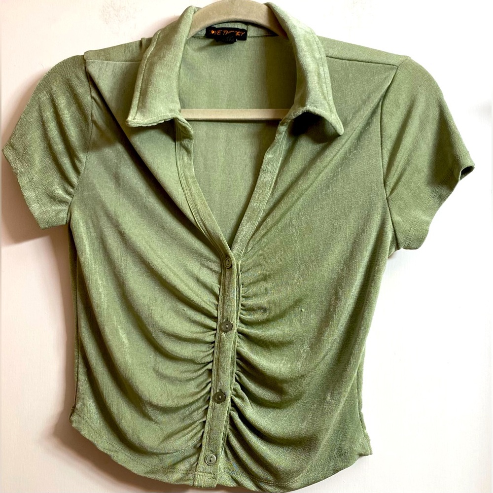 Glassons womens crop blouse top size L olive green short sleeve collar